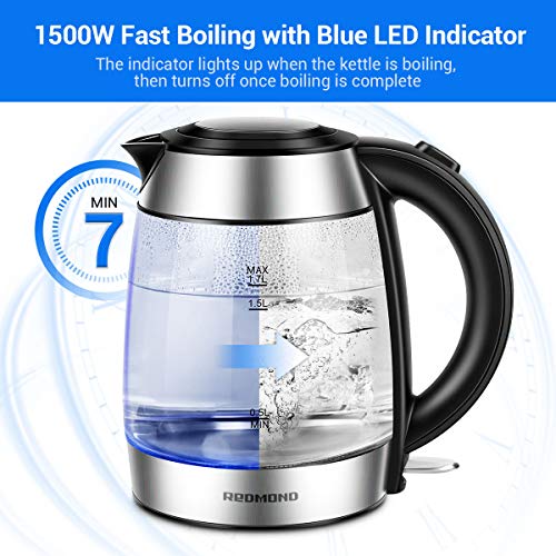 REDMOND Electric Kettle, 1.7L Cordless Glass Tea Kettle BPAFree