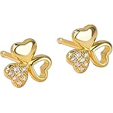 18K Gold-Plated Fashion Clover Women's Gold Stud Earrings | Delicate Cubic Zirconia Three-Petal Gold Earrings(Clover Style)