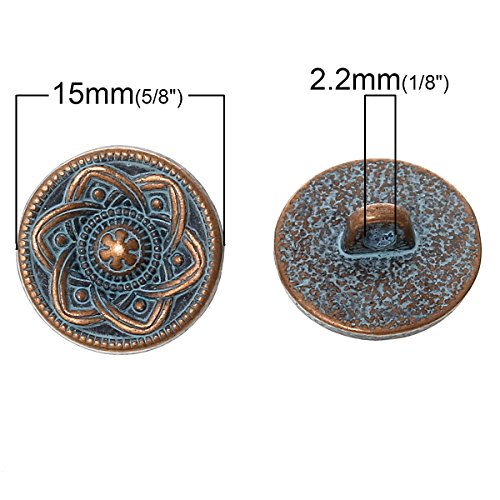 PEPPERLONELY Brand 10PC Metal Shank Button Round Antique Copper Spray Painted Blue Single Hole Flower Pattern 15.0mm( 5/8)