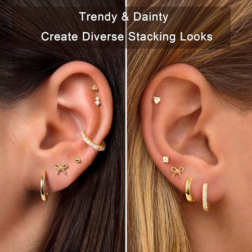 M MOOHAM 9 Pairs Flat Back Earring Stack Set for Women Teen Girls | Hypoallergenic Earrings, 14K Gold Plated Huggie Hoop Stud Earring, Small Cute Bow Cartilage Earrings, Trendy Jewelry Gifts