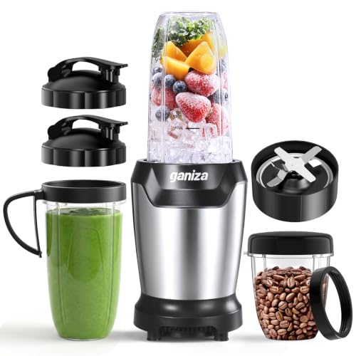 Ganiza Blender, 1300 W Smoothie Maker, Stand Mixer with 3 Portable Mixing Cups (2 x 1100 ml & 1 x 660 ml), Six Blade Made of Stainless Steel, BPA-Free, Easy to Clean, Electric Blender for Milkshakes