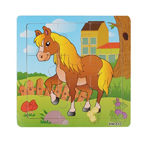 Ikevan 1Set Hot Selling 9 pieces of Wooden Cute Animal Jigsaw Puzzle Educational toys for Kids Baby 1-3 Years Old (Horse)