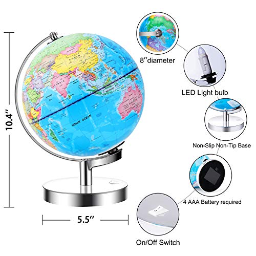 JARBO 8"/20cm Illuminated Constellation World Globe for Kids with Stand, Built-in LED Light Illuminates for Night View of Constellation, Learning Gift Detailed Globe for Kids, Powered by Battery - Thumbnail 4