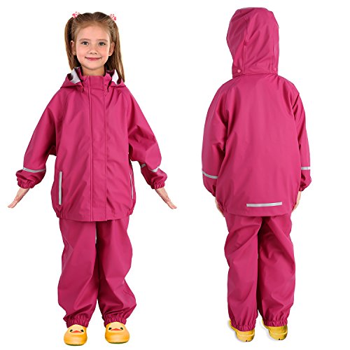 Andake Kids Rain Suit, Waterproof Rain Jacket and Bib Overall (Pink, M (6-7Y)) - Thumbnail 6