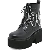 mikarka Women's Chain Platform Boots Lace Up & Zipper Chunky Heel Black Combat Ankle Booties Fashion Studded Motorcycle Boots