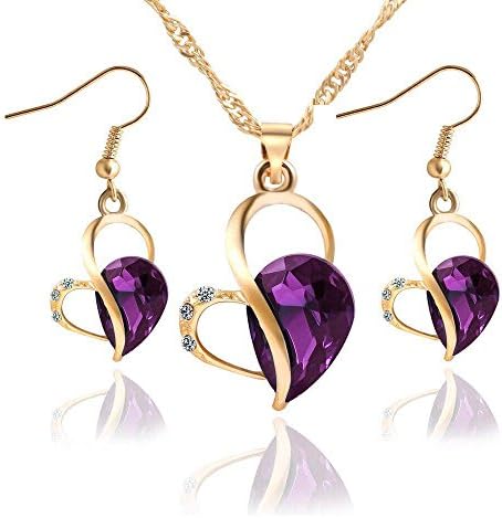 Sophie Land Hollow Love Heart Rhinestone Pendant Necklace Hook Earrings Banquet Jewelry Set for Women (Purple)