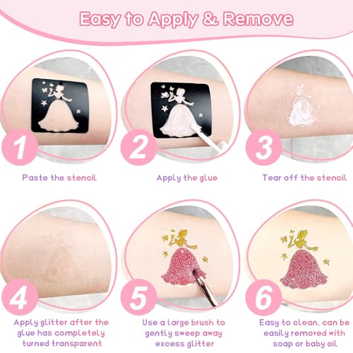 Children's Glitter Tattoo Set, 48 Colours, Glitter Tattoos, Girls, 540 Stencils, 115 Rhinestones, 5 Brushes, 4 Glues, Waterproof Temporary Tattoos for Children, Gift for Birthday, Party, Christmas
