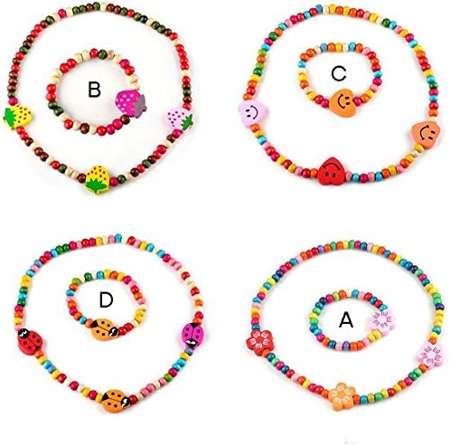 Shuning 1-5Pairs Kid Girl Wooden Stretch Color Bead Necklace Bracelet Set Costume Play Toddler Children