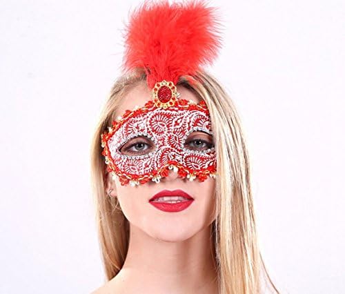 Lady Elegant Ostrich Feather Masquerade Mardi Gras Venetian Mask with Crystal Party Mask (red)