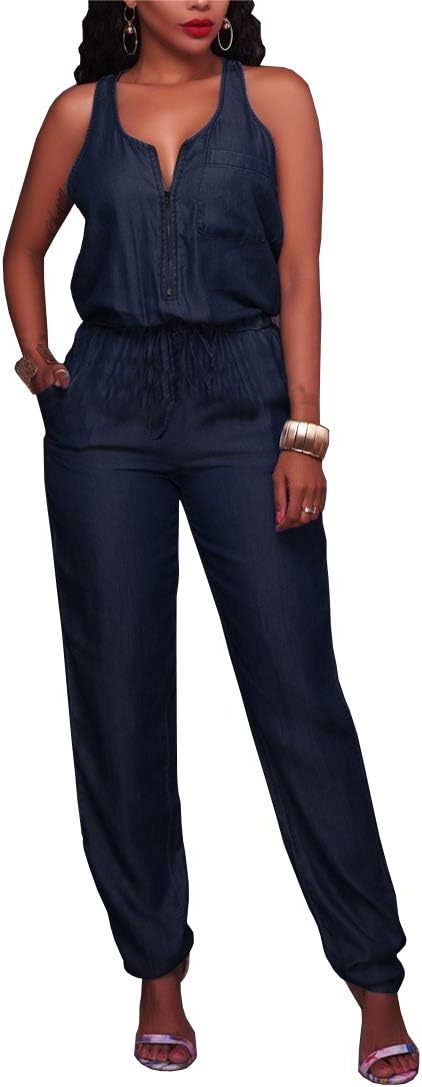 GADOTBOUTIQUE Women's Denim Jumpsuits Sleeveless Full Length Jeans Jumpsuit Rompers Overalls (X-Large, Dark Blue)