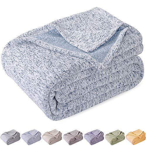 KAWAHOME Knit Summer Thin Blanket Breathable Lightweight Fuzzy Heather Jersey Blankets All Season for Couch Sofa Bed Queen Size 90 X 90 Inches Blue and White