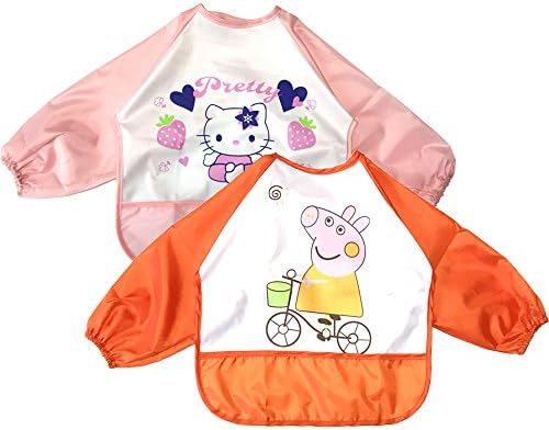 Unisex Infant Toddler Baby Waterproof Sleeved Bib, pink cat and orange pig, Set of 2, 6 Months-3 Years used.