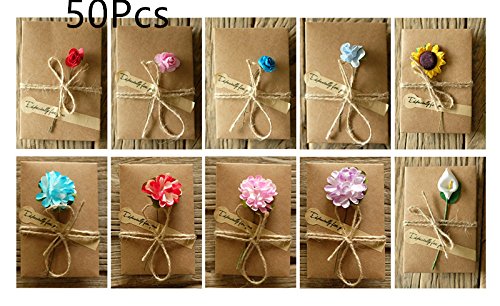 ASIBT 50 Pcs 10 Different Designs with Envelopes,Vintage Kraft Handmade Dried Flowers Thank You Notes Birthday Party Invitation Card Greeting Wish Cards Set - Thumbnail 4