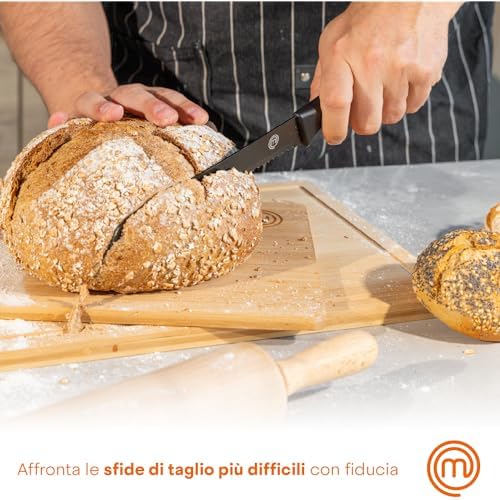 MasterChef Set Coltelli da Cucina con Ceppo Universale, Portacoltelli con Lama Affilato per Pane, Carne, Verdure e altro, Acciaio Inox, Prova di Calore, Manici Neri, 5 Pezzi, Nero