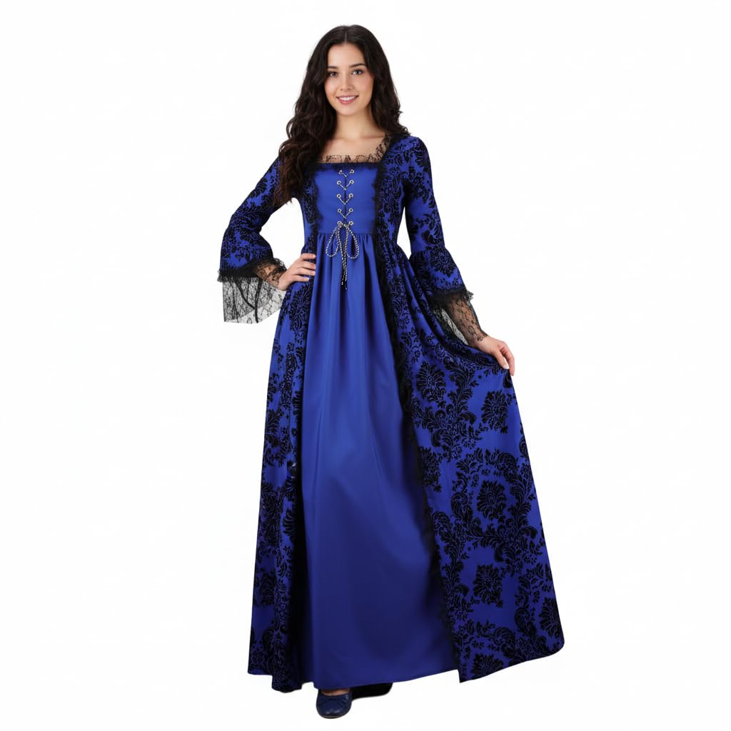 ZNLFS Women's Medieval Victorian Ball Gown Gothic Renaissance Costume Dress with Lace Bell Sleeves Square Neckline Royal Halloween Fancy Dress (Blue, Medium)