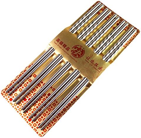 Chop of Steel | 10 Pcs (5 Pairs) Food Grade Stainless Steel Chopsticks for Stir Frying, Grilling, Cooking, and Enjoying Everyday Meal in Luxury, Anti-Slip Spiral Handles for Firm Grip, Sleek Silver