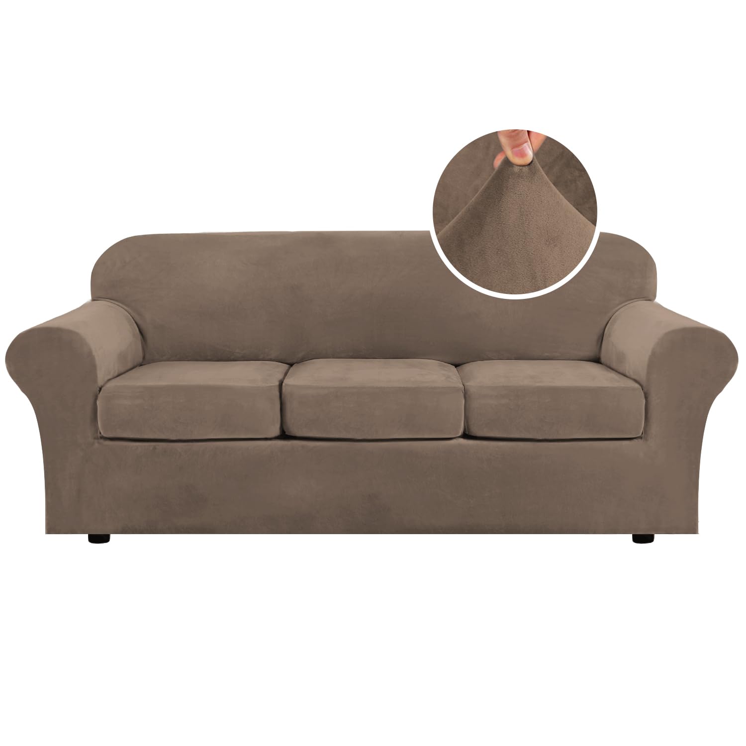 Photo 1 of H.VERSAILTEX Modern Velvet Plush 4 Piece High Stretch Sofa Slipcover Sofa Cover Furniture Protector Form Fit Thick Velvet Sofa Cover for 3 Cushion Couch Width Up to 90 Inch (Sofa, Mocha)