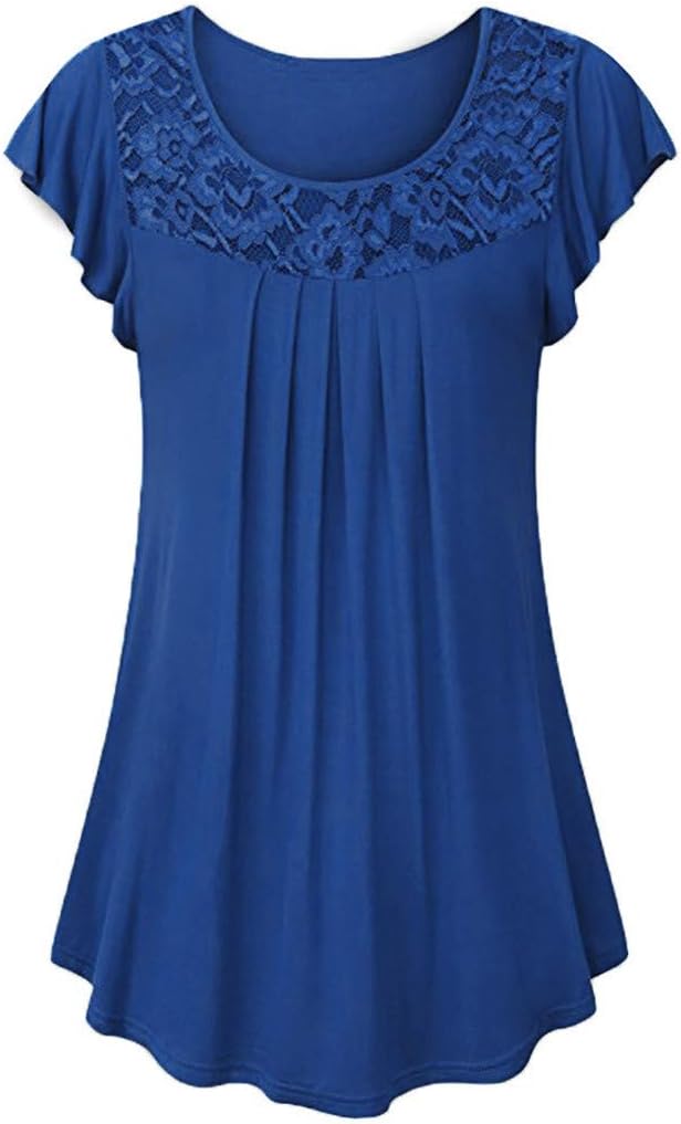 Tunics for Women to Wear with Leggings Short Sleeve Ladies Solid Lace Patchwork Ruched Blouse Tops Shirt
