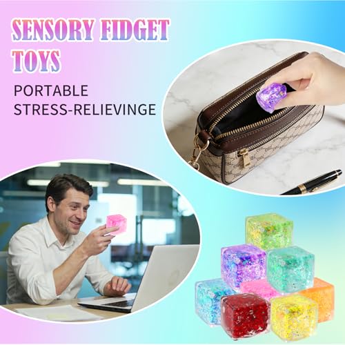 24 Pack Slow Rising Ice Cube Squishy Stress Balls，Stress Cube for Adult Kid | Bulk Taba Squish Fidget Toys, Square Squeeze Toy for Classroom Prizes, Glitter Mini Nice Cube Squishy for Party Favors