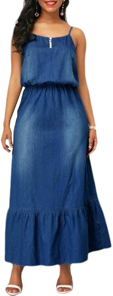Hanmax Vestito Lungo Da Donna Con Volant In Vita Jeans Amazon It Abbigliamento