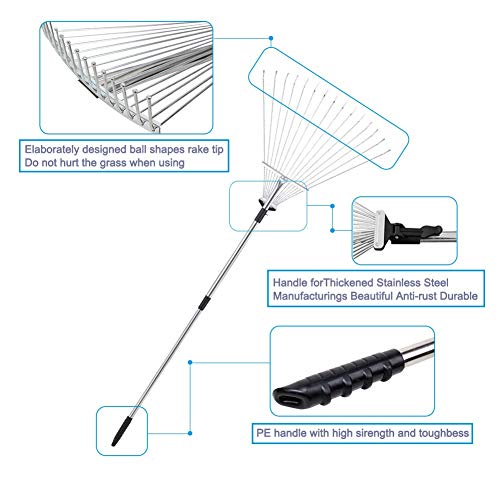Old Tjikko Garden Leaf Rake,Grass Rake for Lawn,Adjustable Lawn Grass Rake for Grass Cleaning Fallen Leaves Weeds,34 to 63-Inch Adjustable Gardening Tools(Stainless Steel)