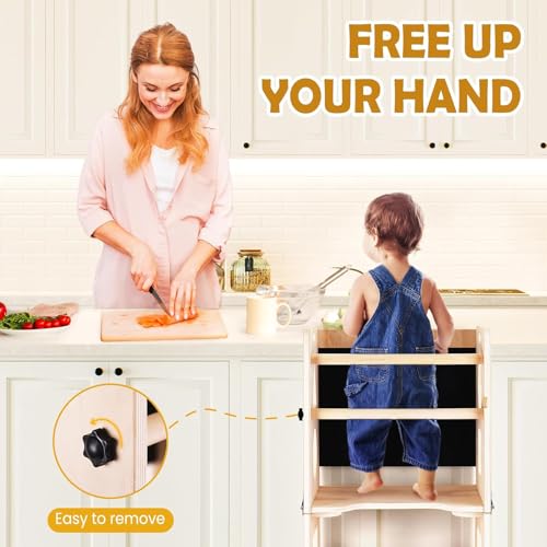 Toddler Kitchen Step Stool, Foldable Kid Learning Standing Tower with Blackboard, 4-in-1 Wooden Stool Helper for Kids, Natural 43 * 32 * 88Cm
