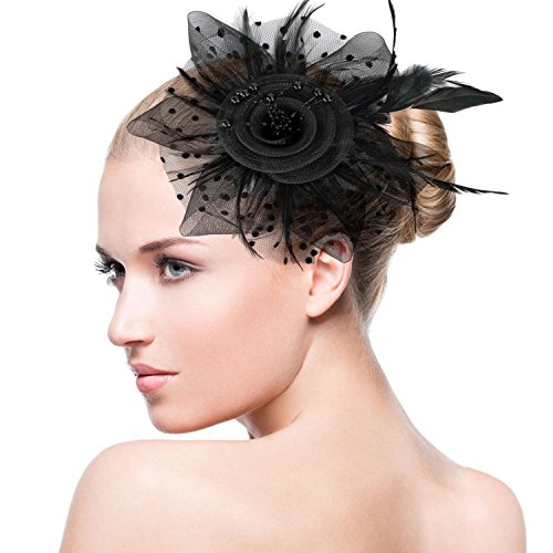 Acecharming Fascinators for Women, Feather Sinamay Fascinators with Headbands Tea Party Pillbox Hat Flower Derby Hats(Black-Pearl)