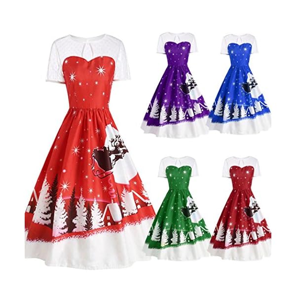 Women's Vintage Christmas Costume Swing Dress O-Neck Printed Short Sleeve Knee-Length Dress