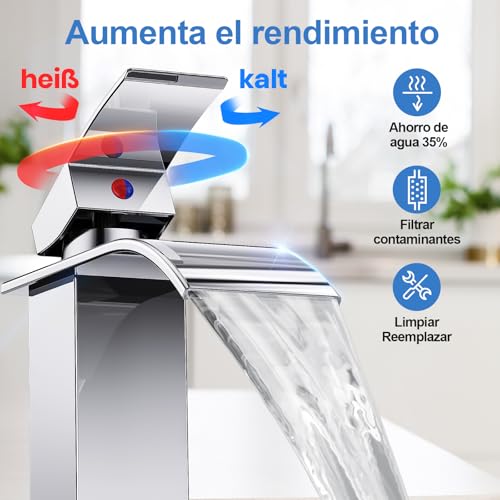 Waterfall Bathroom Sink Tap, Bathroom Sink Mixer, Brass and Stainless Steel Chrome Bathroom Mixer Tap (Including 60 cm Hose)