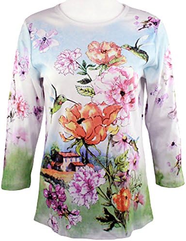 Cactus Fashion - Hummingbirds, 3/4 Slv, Scoop Neck Cotton Print Rhinestone Top