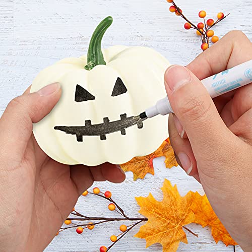 HiPatio Artificial Pumpkins Decoration,12 Pcs Harvest Fall White Pumpkins Fake Foam Pumpkins with 30 Pcs Maple Leaves 1PC String Lights for Autumn Decor Wedding Halloween Thanksgiving Party Decor