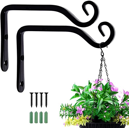 RHH Black Wall Hanging Hooks - Hanging Brackets, Metal Wrought Iron Wall Hanging Basket Brackets, Hanging Basket Stand for Bird Feeders/Plants/Lanterns/Wind Chimes (2)