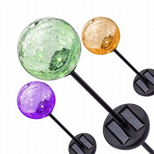 Solar Gazing Ball LED Lights on Tall Stakes -Outdoor Landscape Pathway Light for Patio and Lawn Lighting Decor, Hand Made with Crackled Stained Glass
