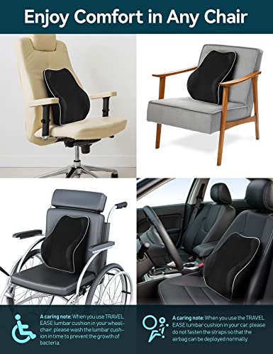 TRAVEL EASE Ergonomic Lumbar Support Cushion, Memory Foam Back Support for Car Seat Office Chair Gaming Chair, Backrest with Skin-friendly Cover & Dual Adjustable Straps, Black