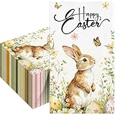 100 Pcs Happy Easter Napkins Bunny Paper Napkins with Spring Floral Disposable Rabbit Cocktail Napkin for Spring, Birthday, Easter Party Decorations