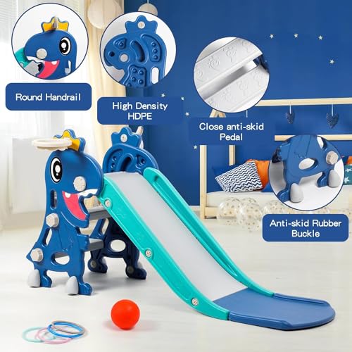 Cenxi Indoor Slide For Toddlers 1-3, Foldable Kids Toddler Playset, And Outdoor Playground, Climber Playset With Basketball Hoop Ring Toss (Blue)