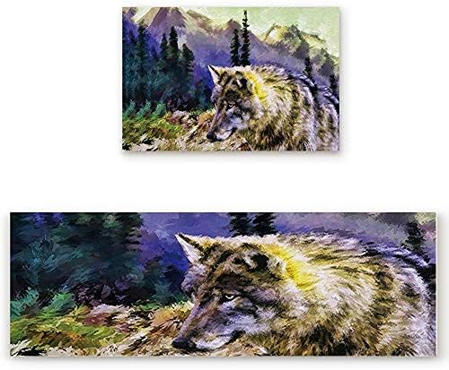 YGUII 2 Piece Kitchen Mat Forest Ferocious Wolf Non-Slip Rubber Backing Washable Kitchen Rugs Doormat Runner Set, 16X23.6in (40x60cm) and 16X47in (40x120cm)