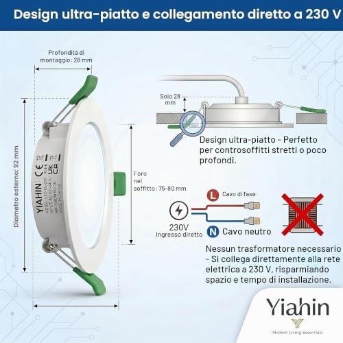 Recessed LED Spotlights Set of 20, 4W 339LM Cool White 6000K, Ultra Flat Ceiling Spotlights 230 V Without Transformer, Plastic LED Spotlight, Depth 28 mm, Not Dimmable for Bathroom Kitchen