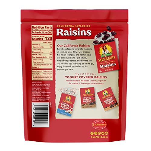 SUN-MAID CALIFORNIA SUN-DRIED RAISINS – (2 PACK) 32 OZ RESEALABLE BAG – DRIED FRUIT SNACK FOR LUNCHES, SNACKS, AND NATURAL SWEETENERS