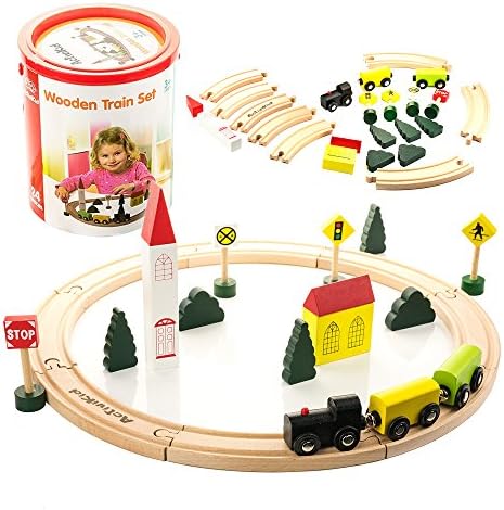 ActiviKid Wooden Train Set | Early Learning Toys for Kids | 24-piece Small, Trains, Tracks, Colorful City with Caboose, Cars, Trees, Buildings, Tracks, Signs | Includes Storage Container