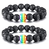 Nanafast LGBT Pride Relationship Rainbow Bracelet Lava Rock/Tiger Eye Stone Bead Bracelets for Gay Lesibian Black 2 Pcs