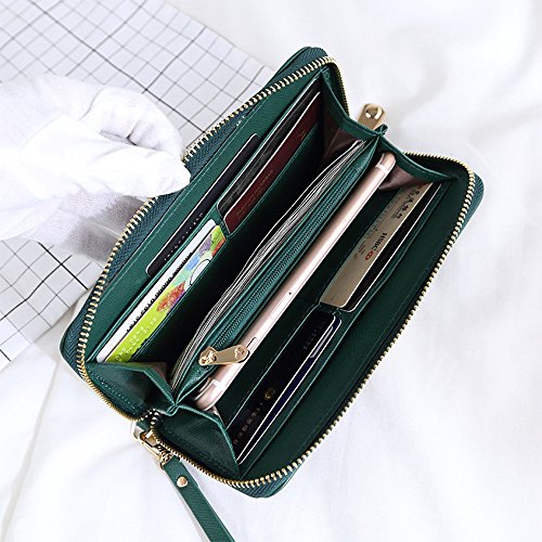 Women Wallet PU Leather Zipper Long Purse Credit Card Clutch Holder Strap Handbag (Green)