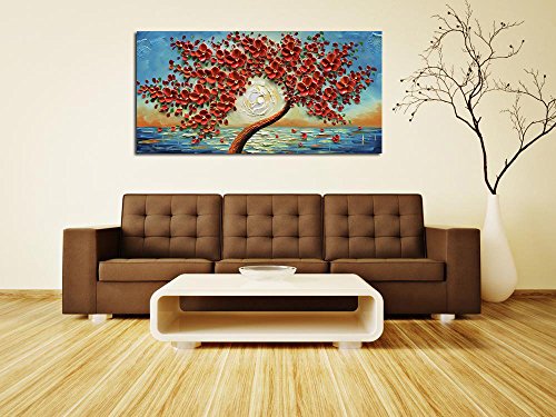 baccow - Seaview Modern Seascape Sunrise Hand Painted 3D Canvas Painting Artwork Red Texture Floral Trees Contemporary Wall Art Oil Painting on Canvas for Home Decorations Wall Decor 2448inch …