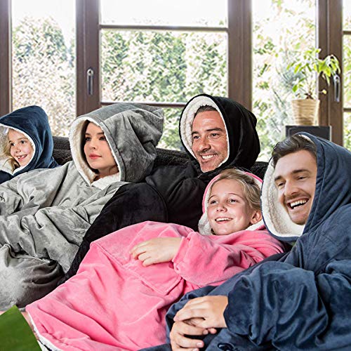 REEPOW Wearable Hoodie Blanket Sweatshirt for Adults - Oversized Hooded, Large Pocket, Elastic Cuff, Reversible - Warm and Luxurious Plush Sherpa & Fleece Hoody - Grey