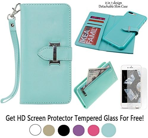 iPhone 7 Plus Wallet Case for Women with Magnetic Detachable Slim Case and Wirstlet, Build in 3 Card Slots and 1 Back Zipper Pocket for Changes Made with Premium PU Leather in Green-By Paraponera