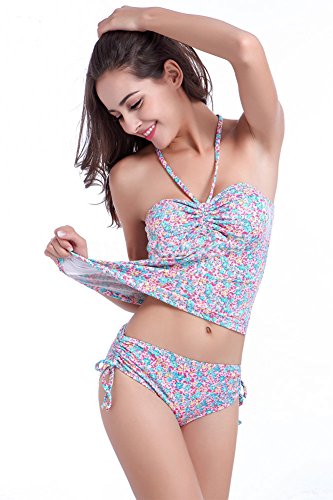 Shawhuaa Womens Floral Ruched Halter Tankini Swimsuit Swimwear Large Blue-pink