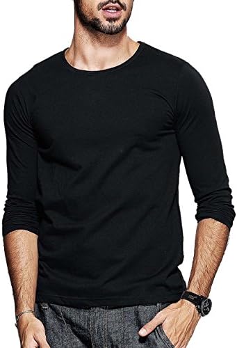 CantonWalker Fitting Men Soft Stretchy Long Sleeves Athletic Muscle Cotton T Shirt (Black, L)