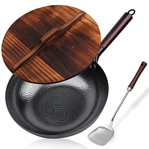 Carbon Steel Wok, Stir Fry Pan Flat Bottom Pan, Iron Wok with lid, for