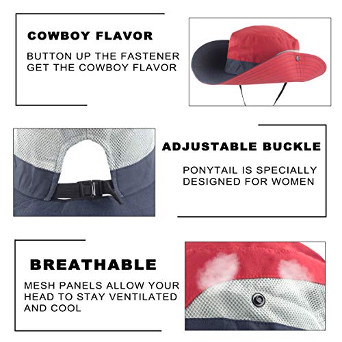 Damen Pferdeschwanz Sommer Sonne breite Krempe Hut Verstellbar Faltbare Safari Fischerhut – Bild 5