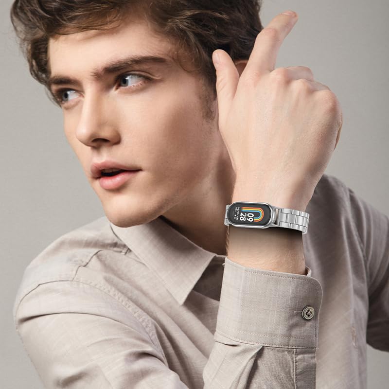 BANGTING Steel Straps Compatible with Xiaomi Mi Band 8 and Xiaomi Smart Mand 8, Replacement Metal Strap and 2 Screen Protectors for Mi Band 8